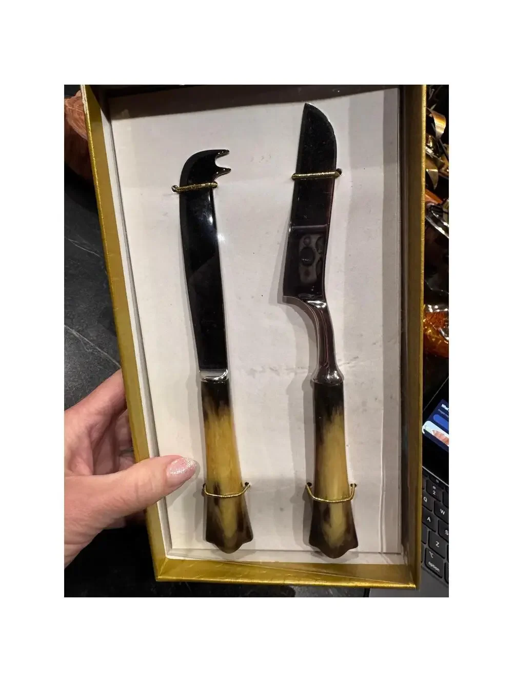 Vtg Neiman Marcus Horn Cheese Knife Set Stainless Cutlery Boxed Charcuterie Gift